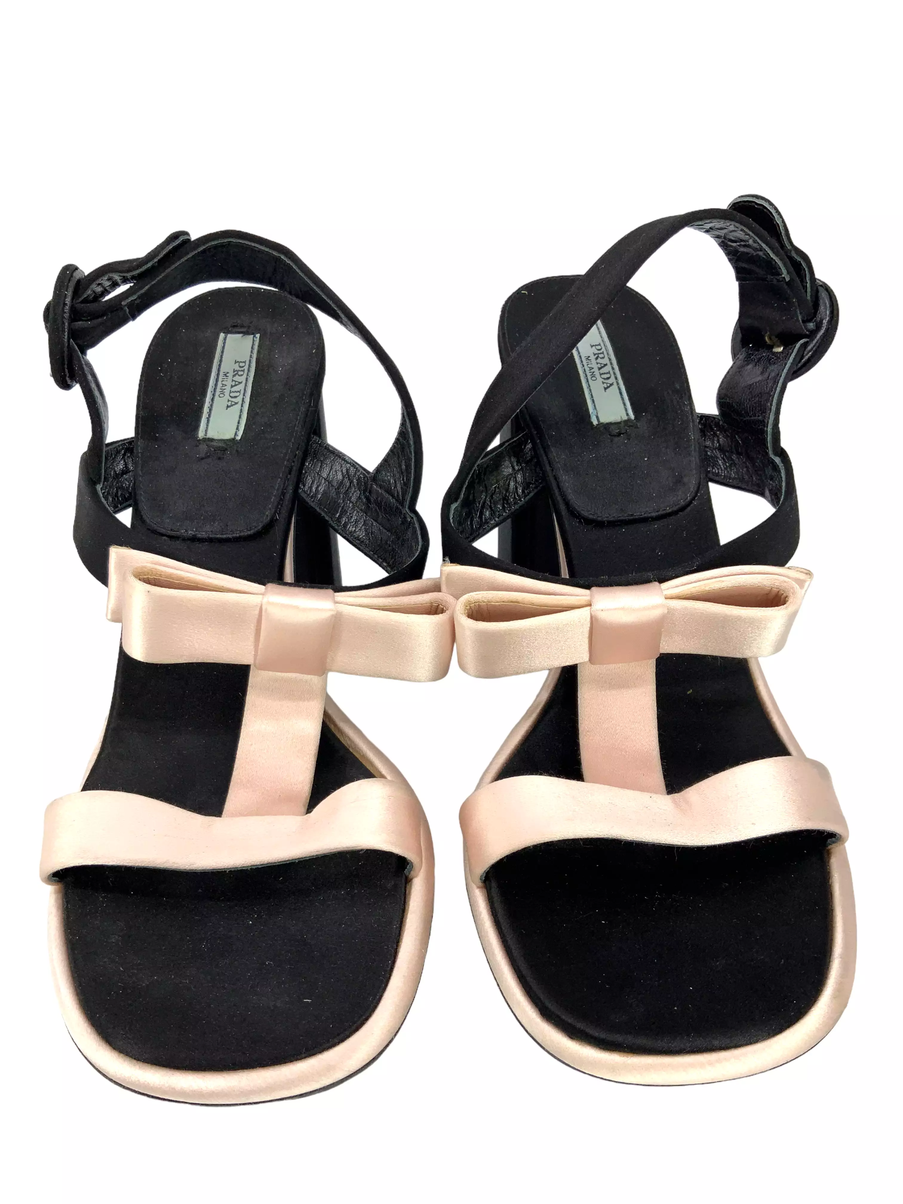 PRADA Satin Bow Embellished T Strap Block Heel Sandals Size 9