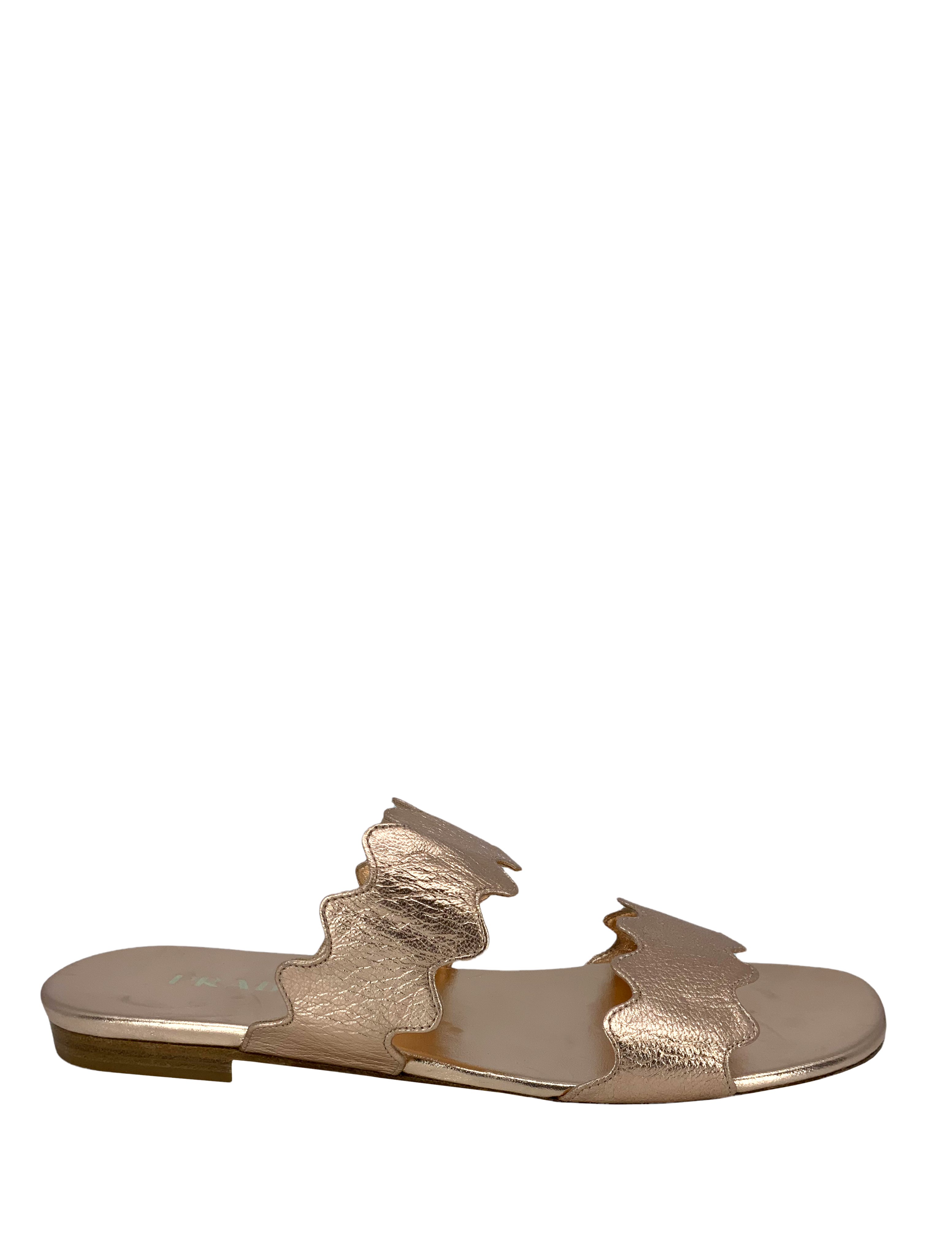 Prada Scalloped Metallic Flat Two-Band Slide Sandals Size 8.5