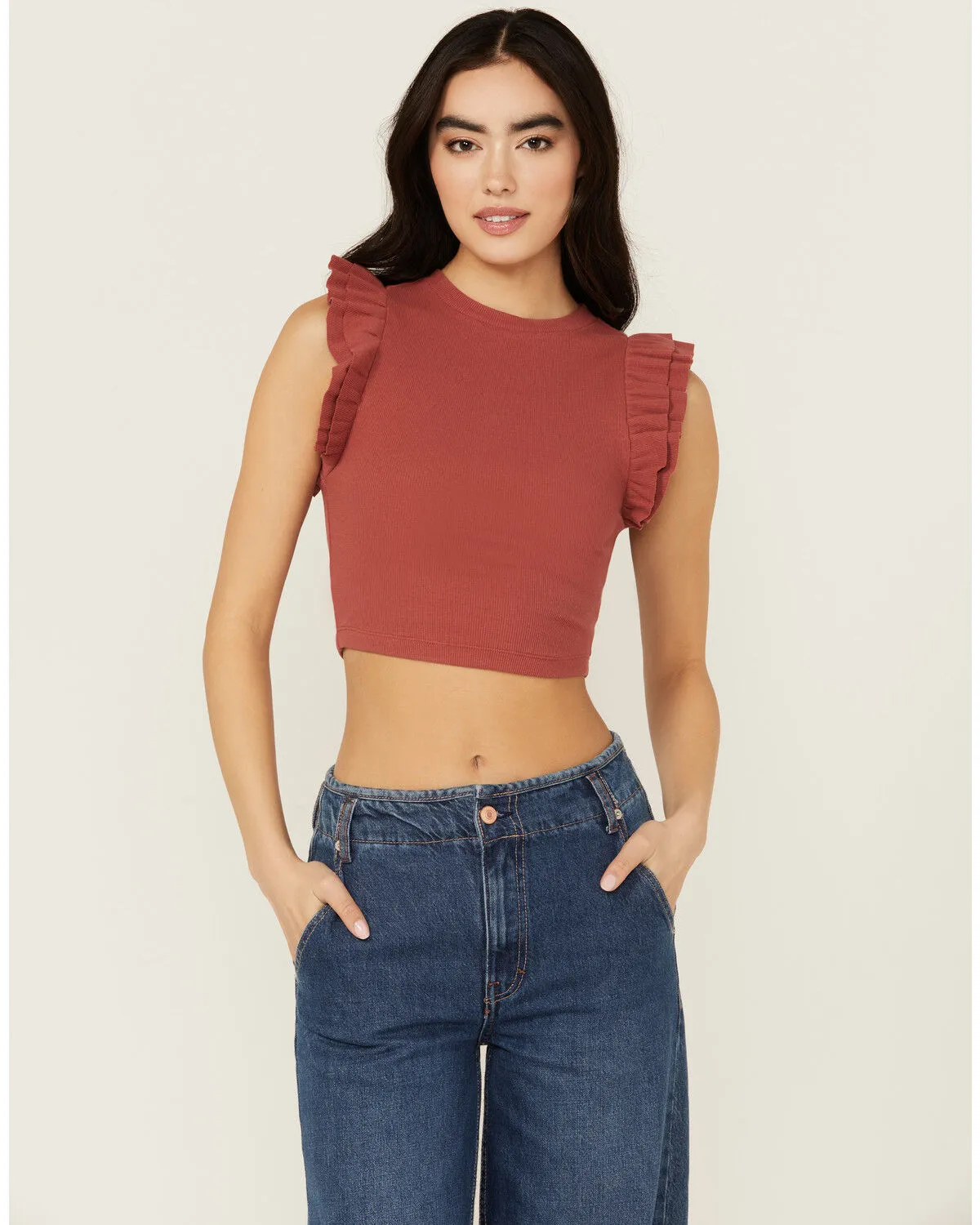 Product Name:  Shyanne Women's Ruffle Sleeve Ribbed Cropped Top