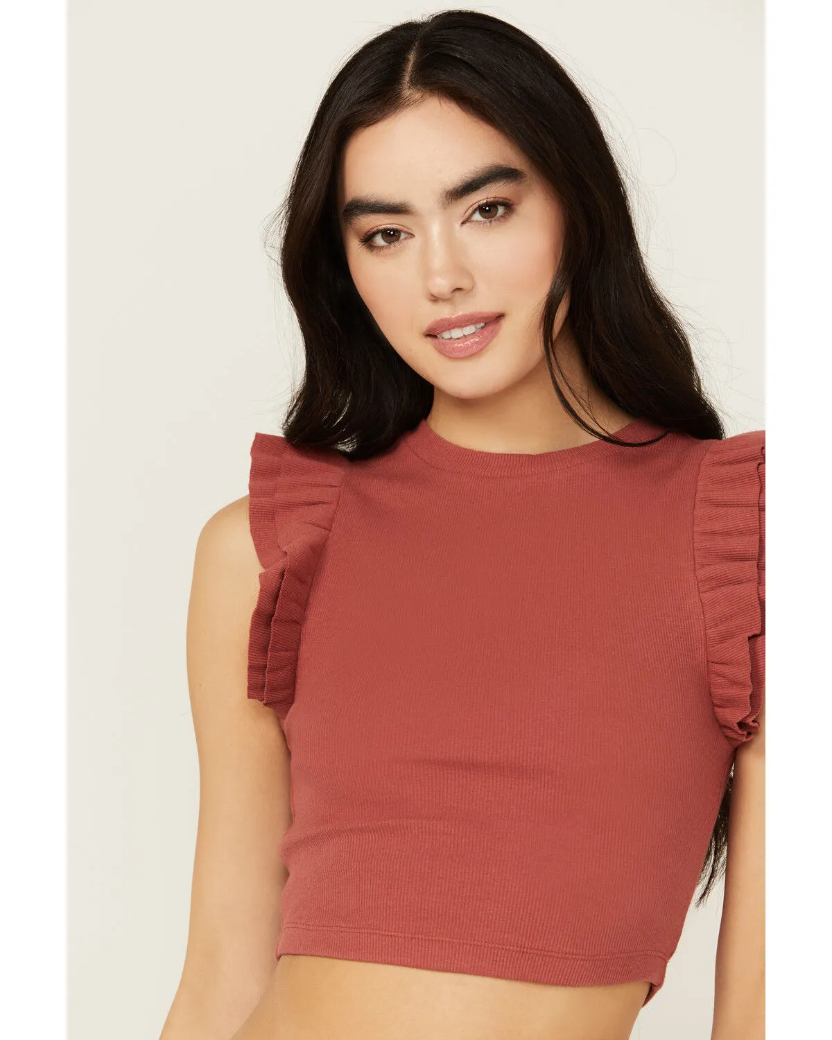 Product Name:  Shyanne Women's Ruffle Sleeve Ribbed Cropped Top