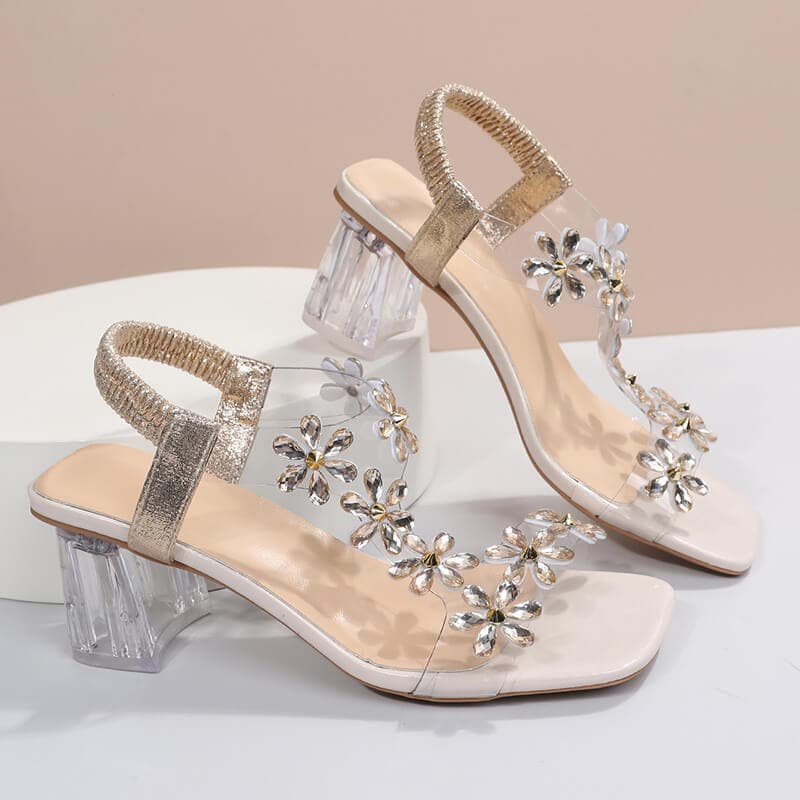 Rhinestone Open Toe Chunky Heel Sandals