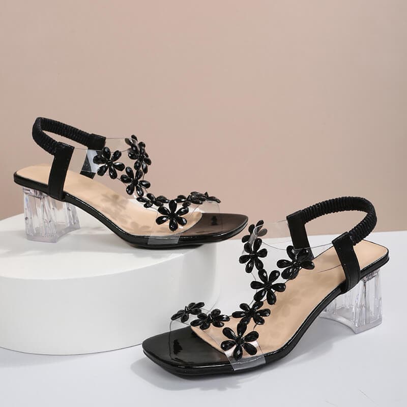 Rhinestone Open Toe Chunky Heel Sandals