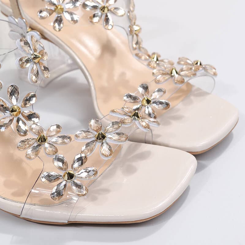 Rhinestone Open Toe Chunky Heel Sandals