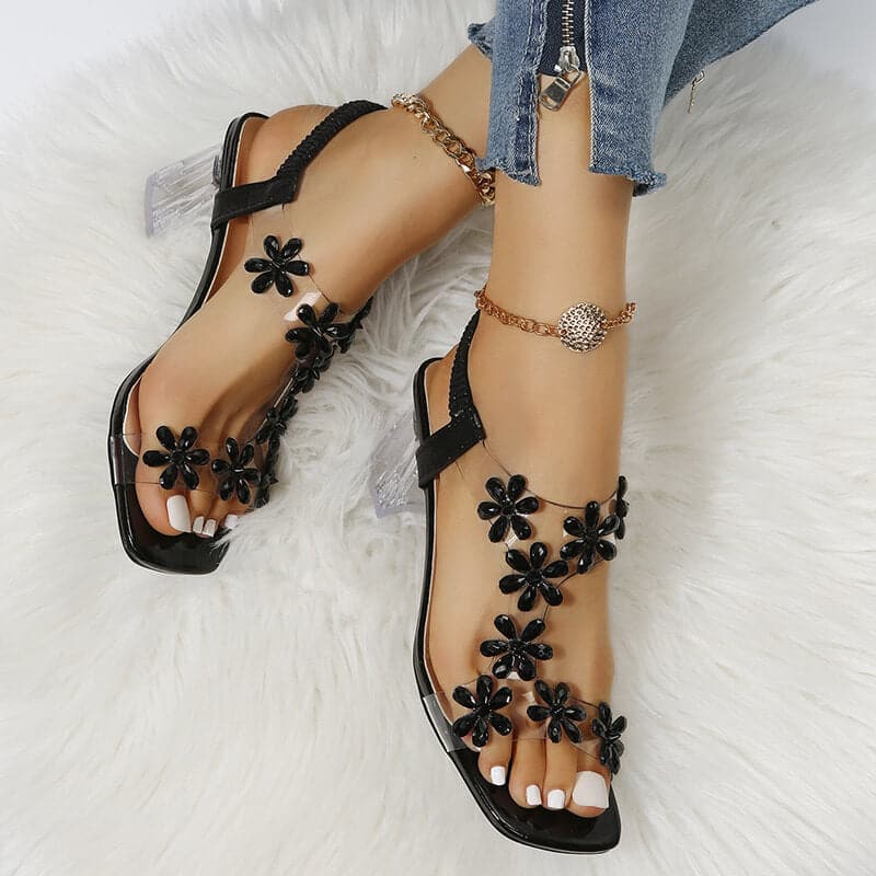 Rhinestone Open Toe Chunky Heel Sandals