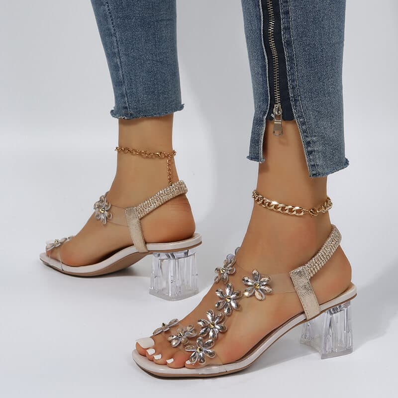 Rhinestone Open Toe Chunky Heel Sandals