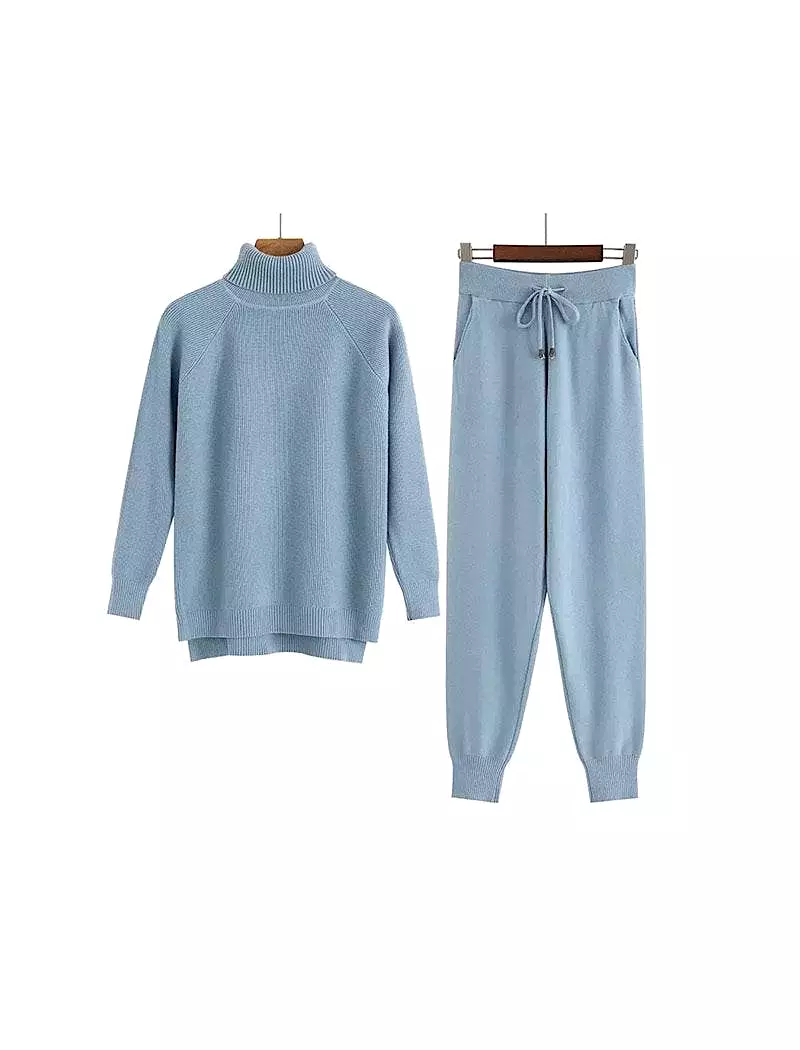 Soft Ribbed Long Sleeve Turtleneck Top and Jogging Pant Co Ord Set