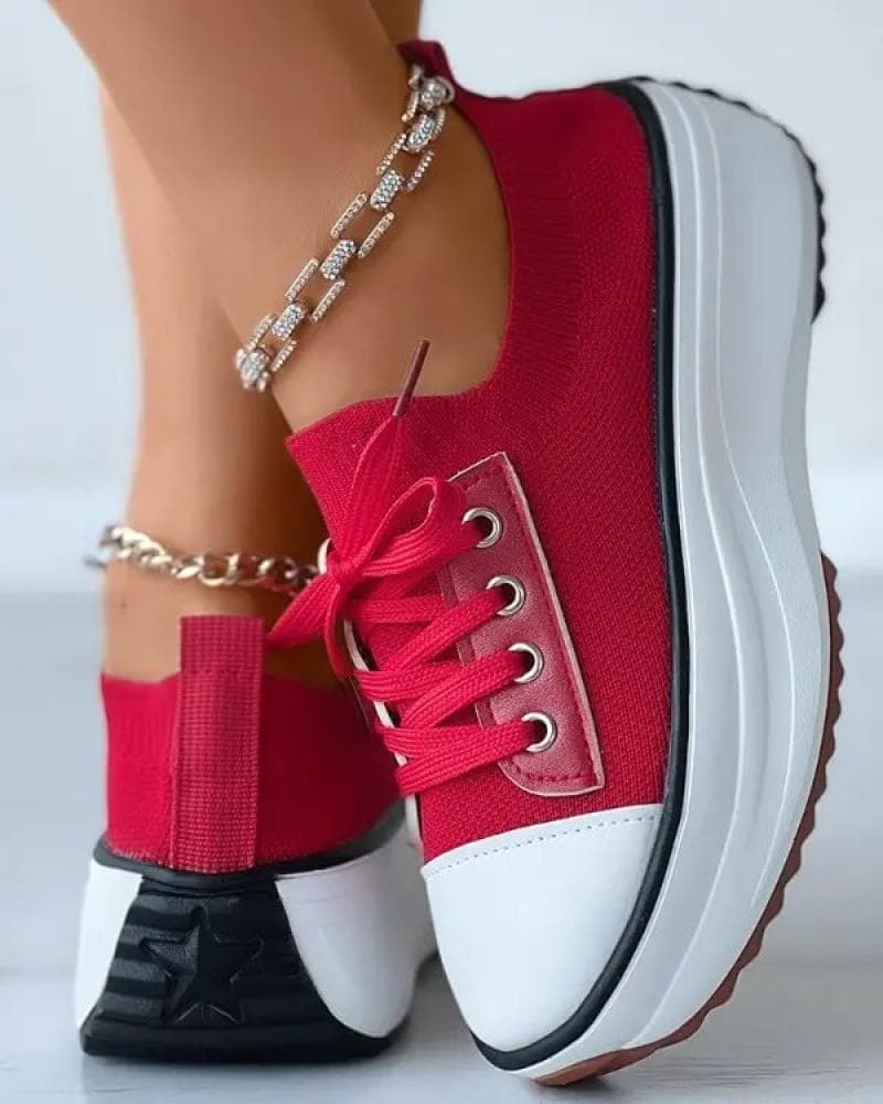 Solid Color Round Toe Platform Lace-up Sneakers