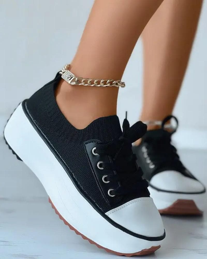 Solid Color Round Toe Platform Lace-up Sneakers