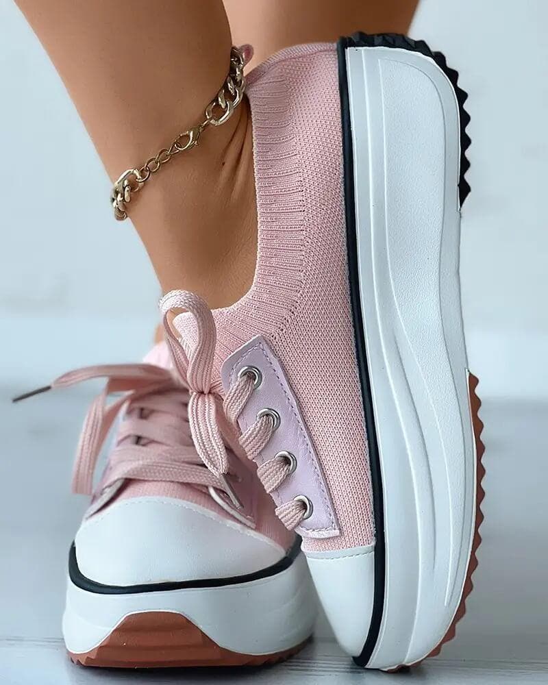 Solid Color Round Toe Platform Lace-up Sneakers