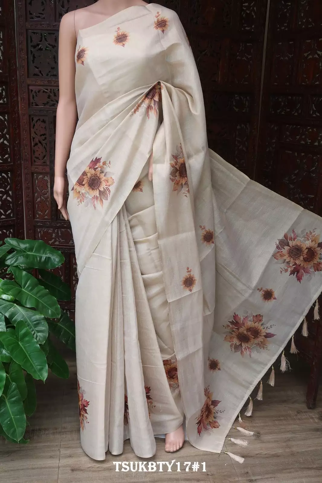 Sun flowers , Off White  Tissue Blended Semi Tusser Finish Saree with  Full Body Multi Color Floral Design (Without Blouse)-KIA0