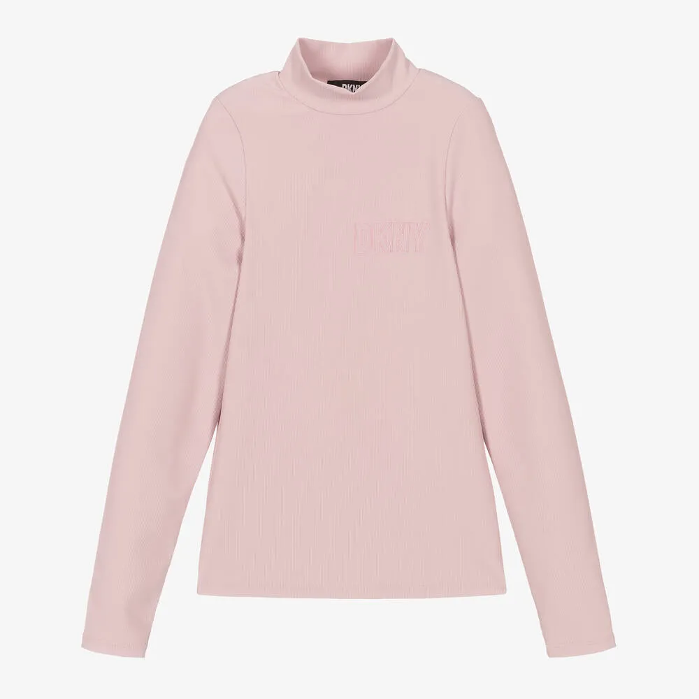 Teen Girls Pink Ribbed Roll Neck Top