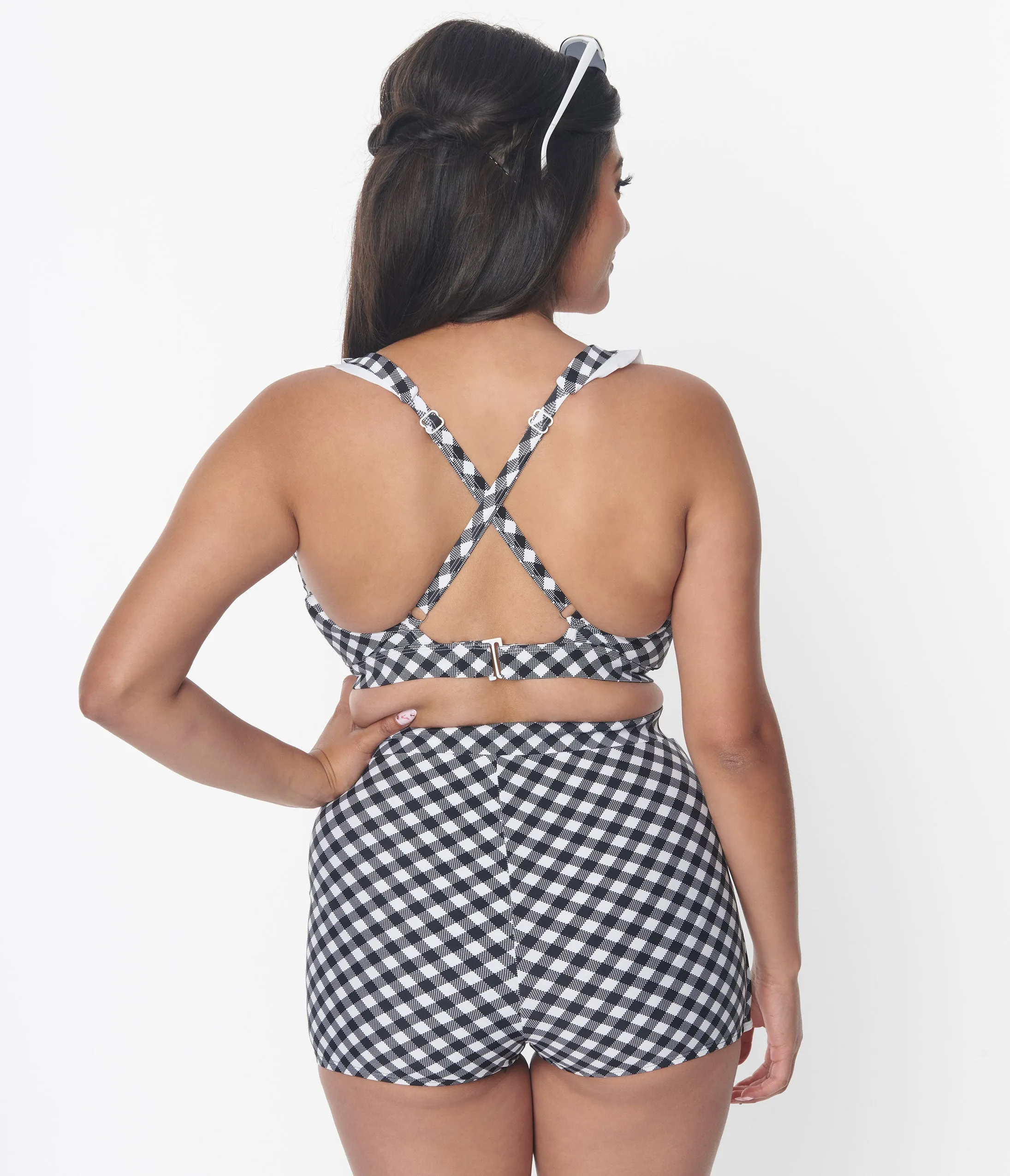 Unique Vintage Black & White Gingham Halter Swim Top