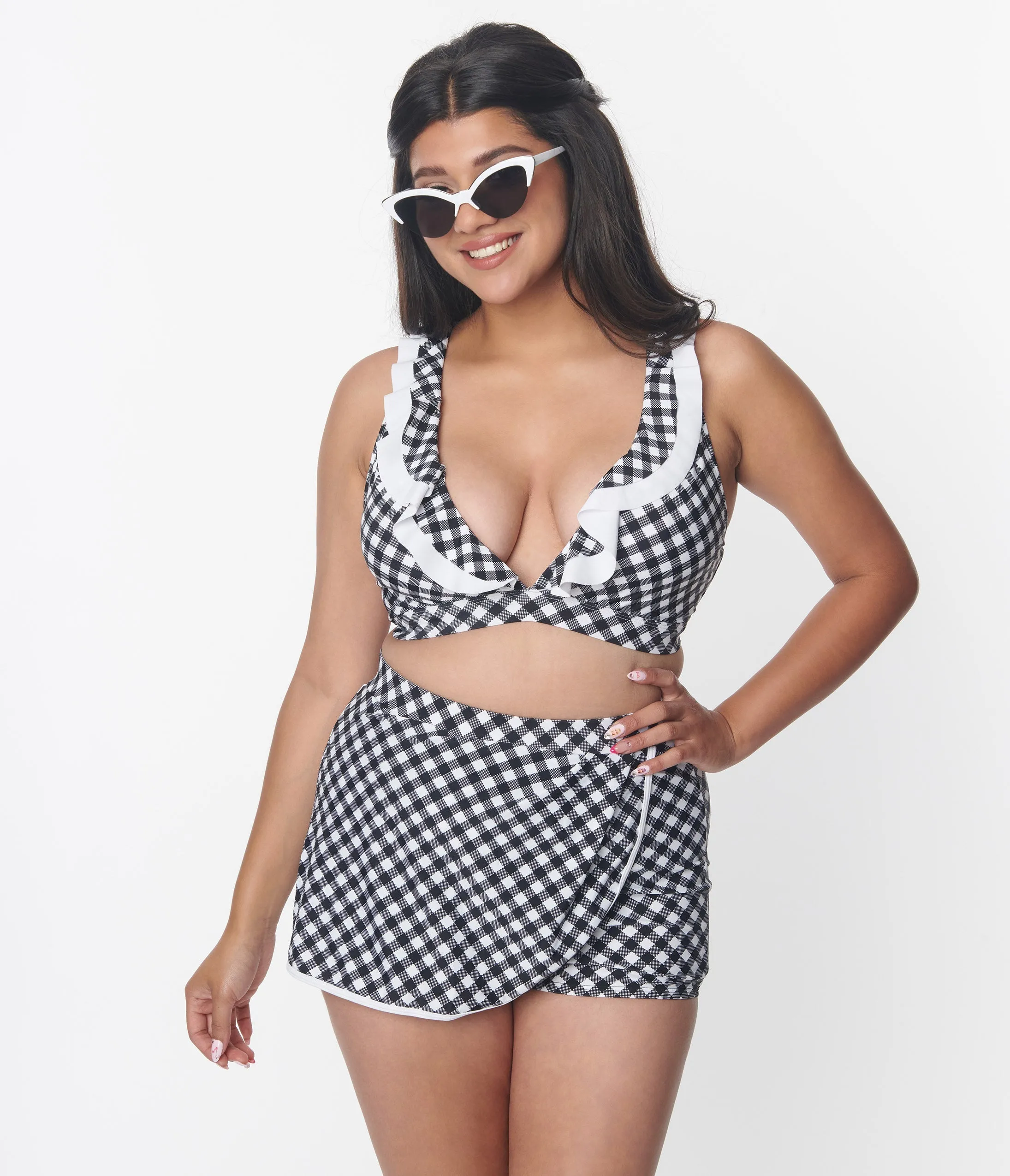 Unique Vintage Black & White Gingham Halter Swim Top