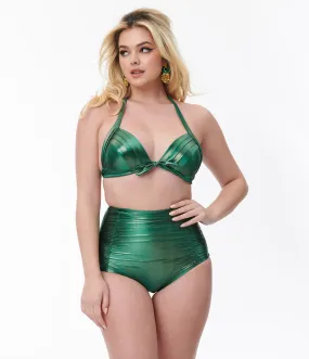 Unique Vintage Metallic Emerald Monroe Halter Swim Top