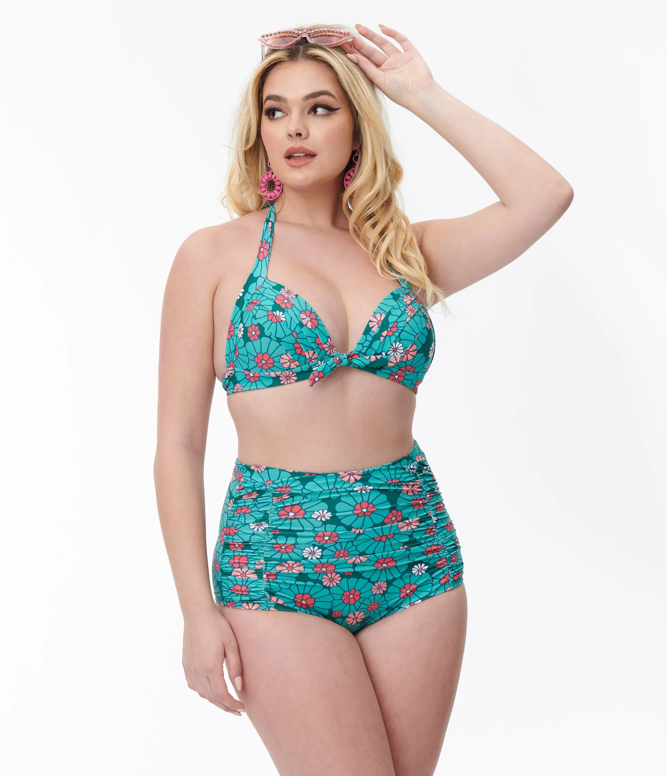 Unique Vintage Teal Flower Child Monroe Halter Swim Top