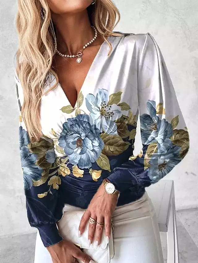 Vibrant Floral Print Long Sleeve V-Neck Blouse