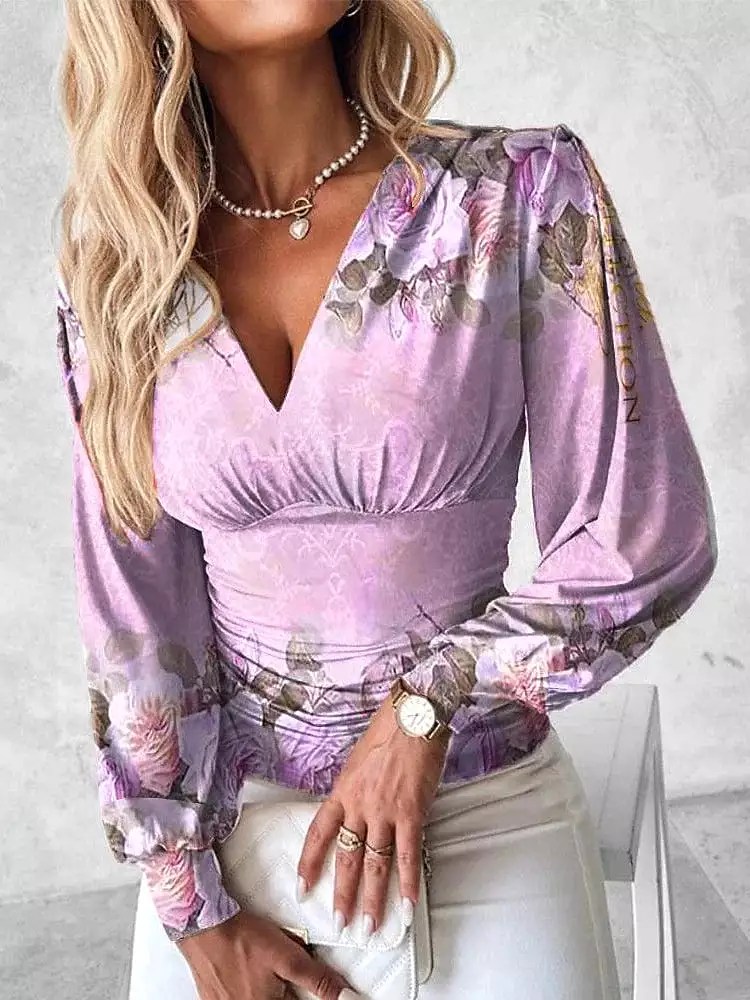 Vibrant Floral Print Long Sleeve V-Neck Blouse