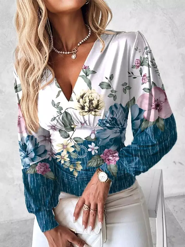 Vibrant Floral Print Long Sleeve V-Neck Blouse