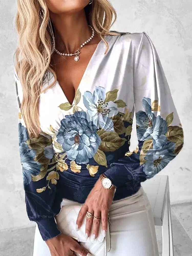 Vibrant Floral Print Long Sleeve V-Neck Blouse