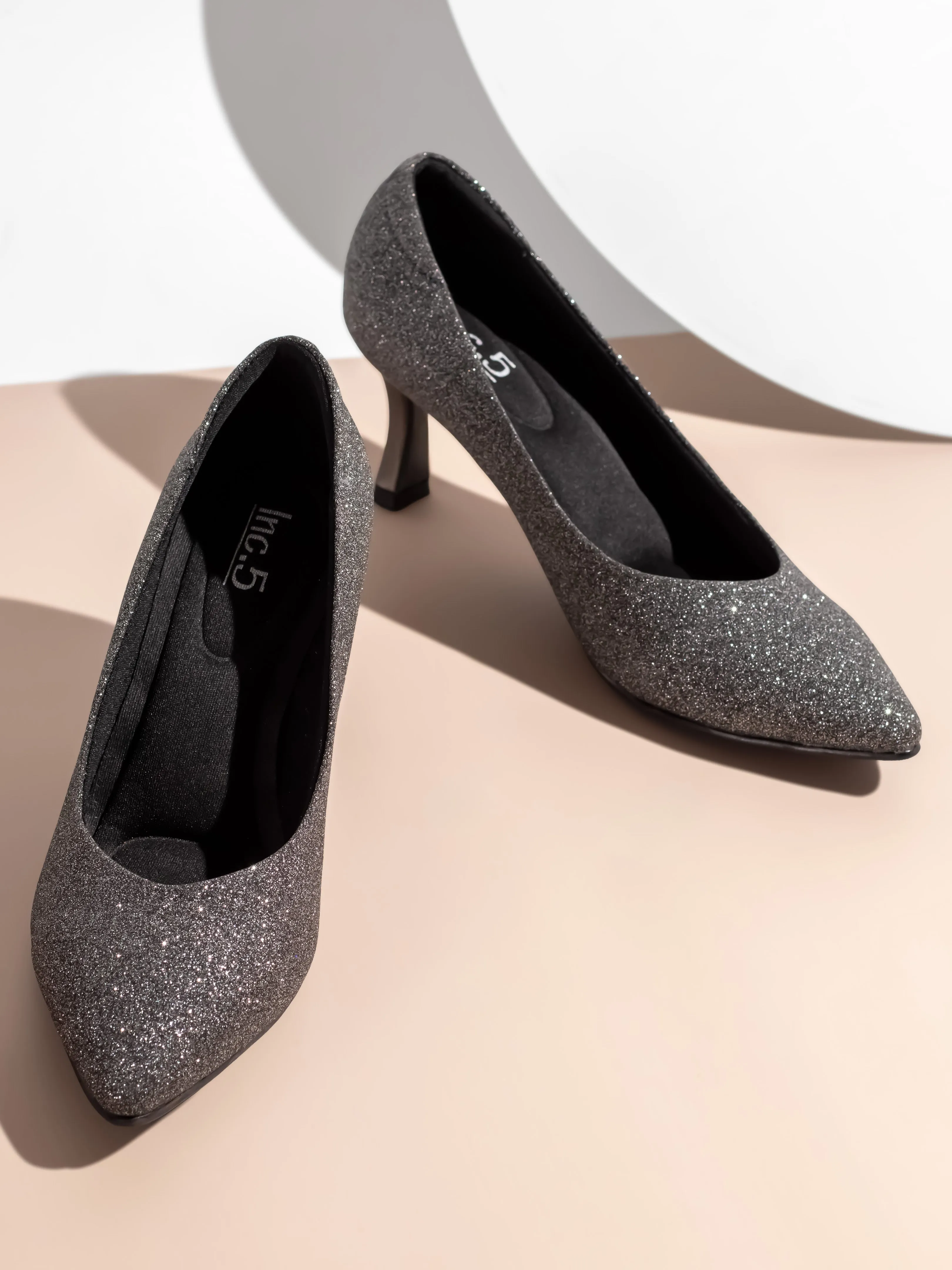 Women Pewter Embellished Pointed Toe Slim Heeled Pumps