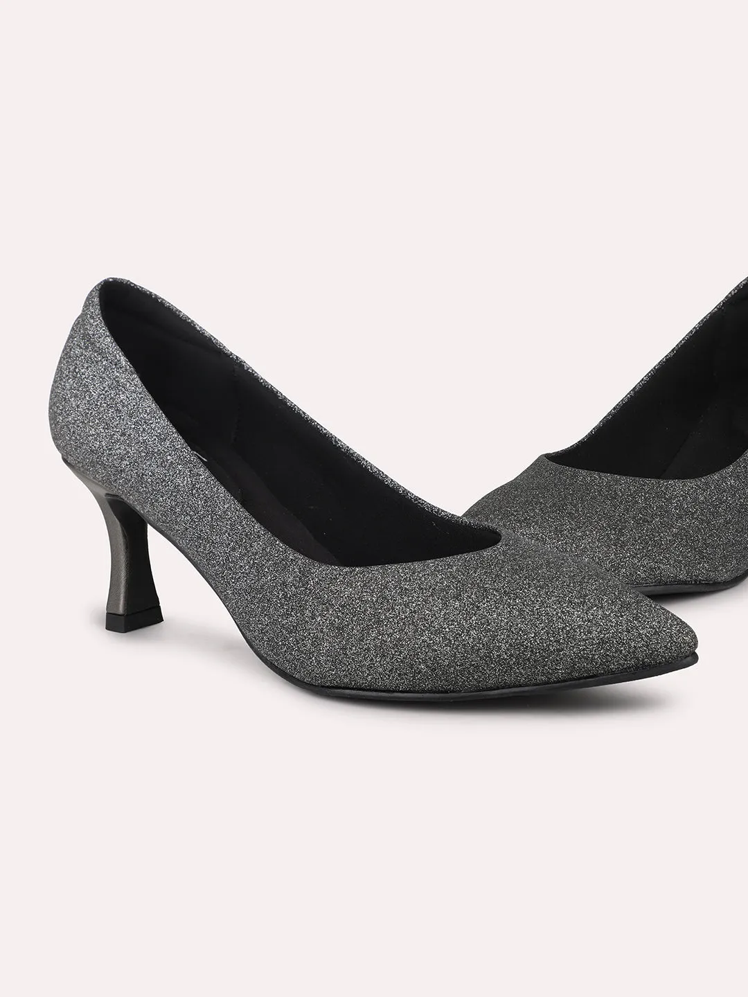 Women Pewter Embellished Pointed Toe Slim Heeled Pumps