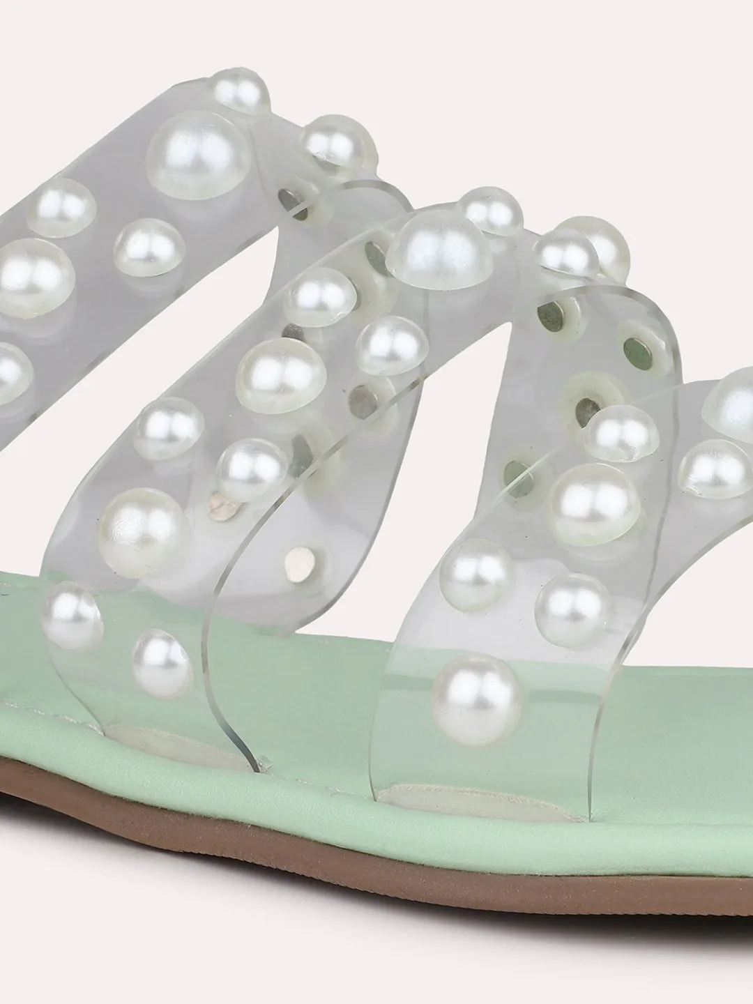 Women Pista Western Embellished Open Toe Flats with Pearl Studded