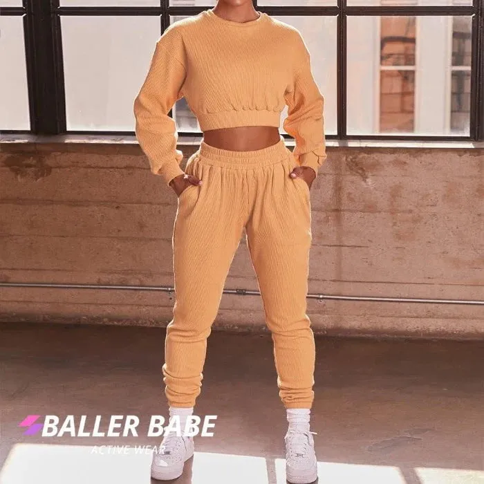 Womens Ribbed Baller Babe Tracksuit Pants With Top-Orange