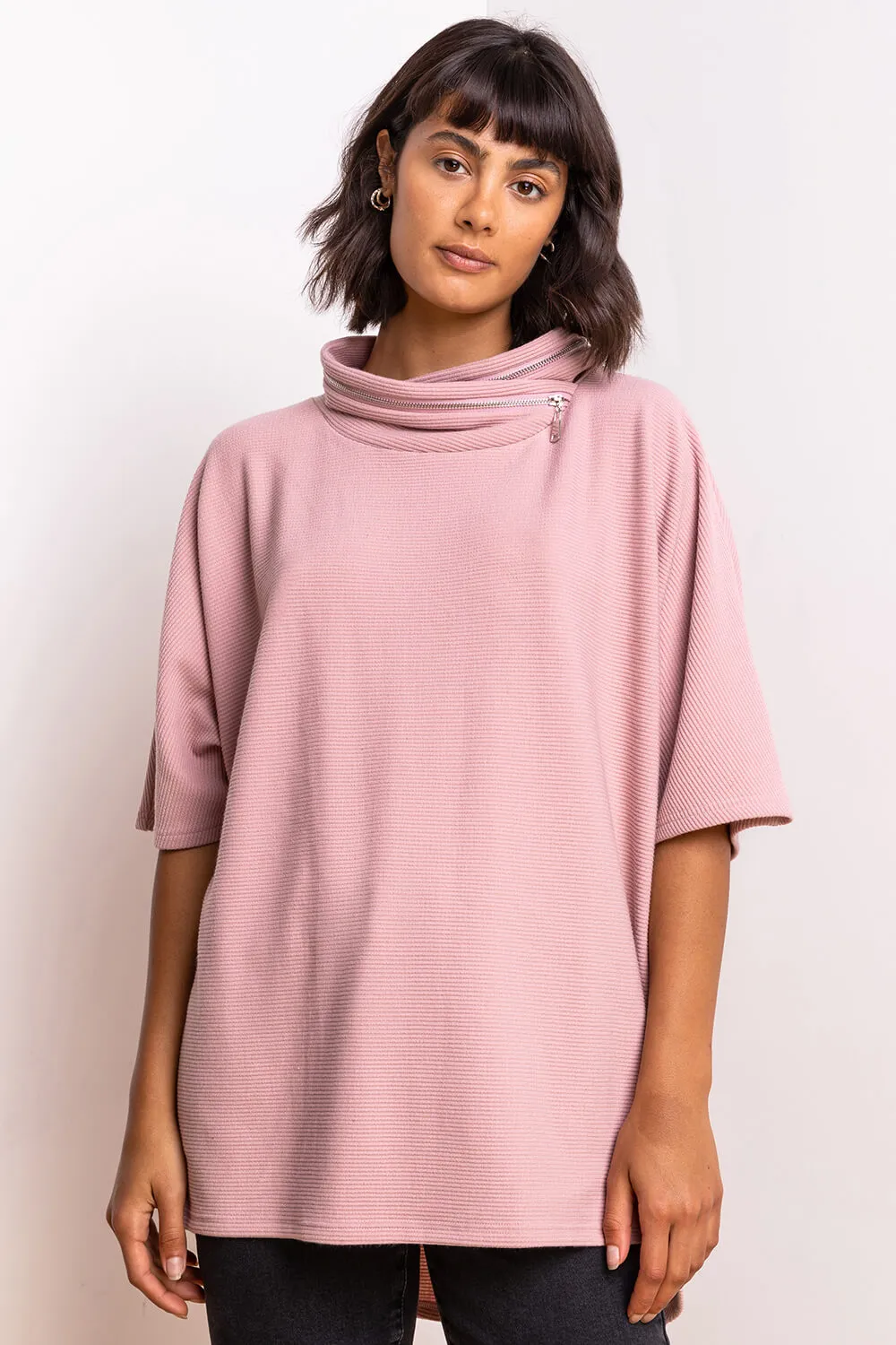 Zip Detail Ribbed Cowl Neck Top in Pink - Roman Originals UK