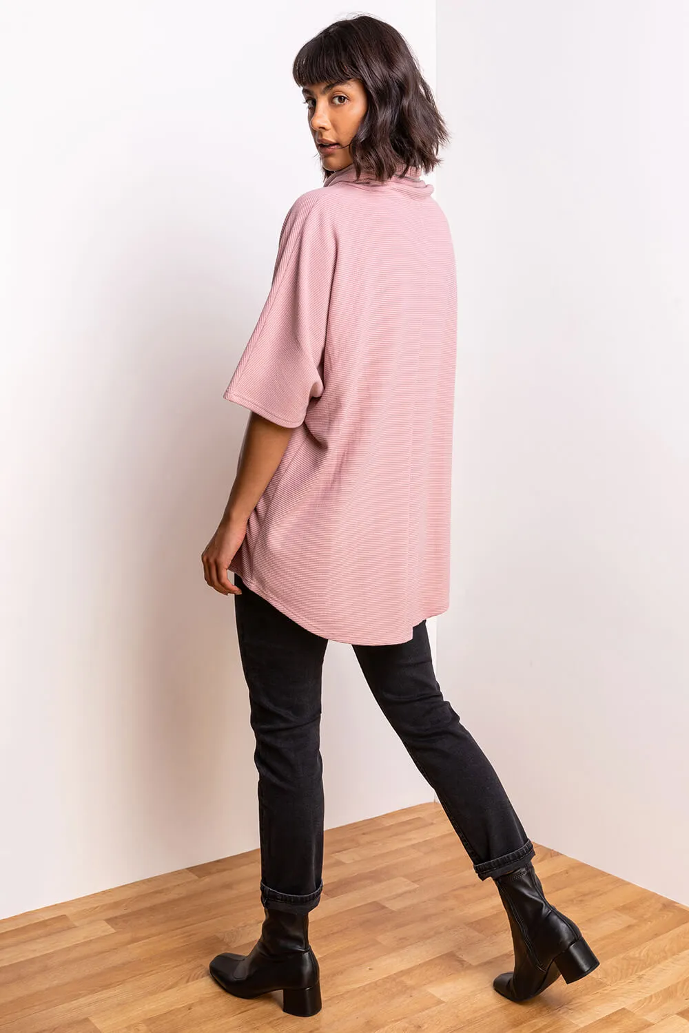 Zip Detail Ribbed Cowl Neck Top in Pink - Roman Originals UK