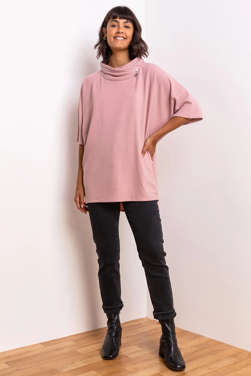 Zip Detail Ribbed Cowl Neck Top in Pink - Roman Originals UK