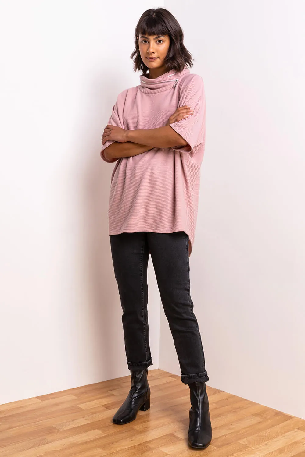 Zip Detail Ribbed Cowl Neck Top in Pink - Roman Originals UK